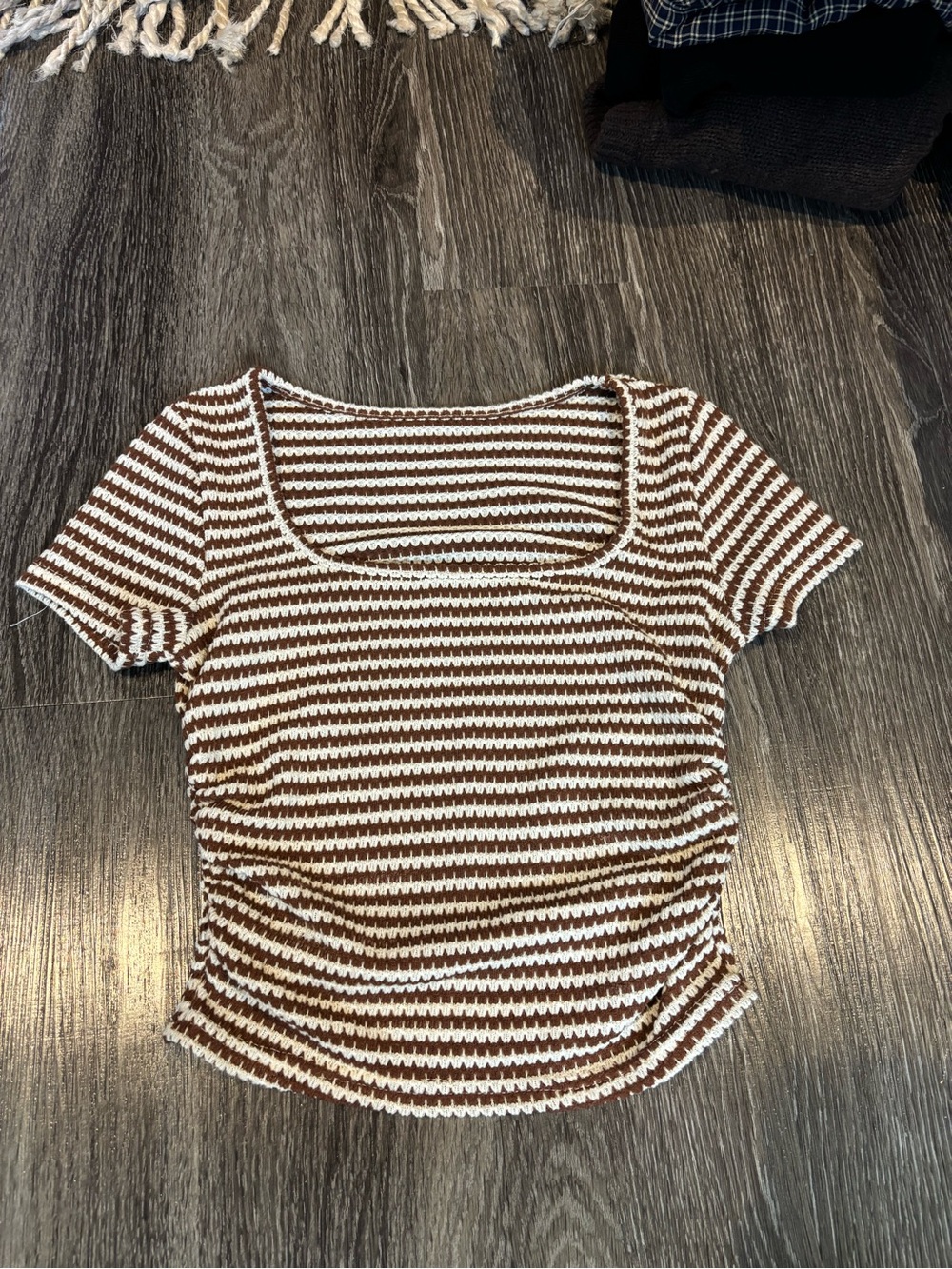 SHEIN Brown & White Striped Square Neck Short Sleeve Top
